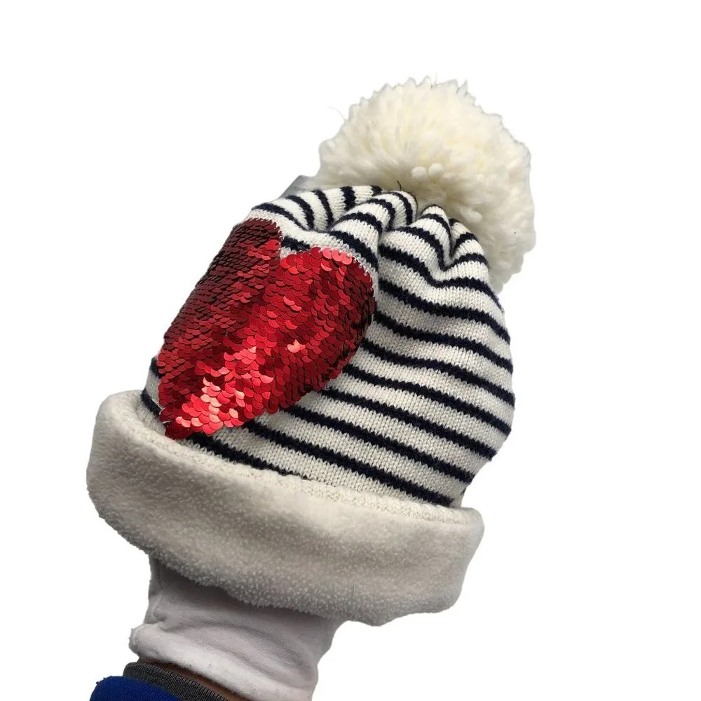 GAP Girls‎ 3T-5T Winter Beanie Hat Knit Pom Pom Sequin Heart Striped